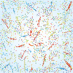 Festive background with ribbons and confetti.