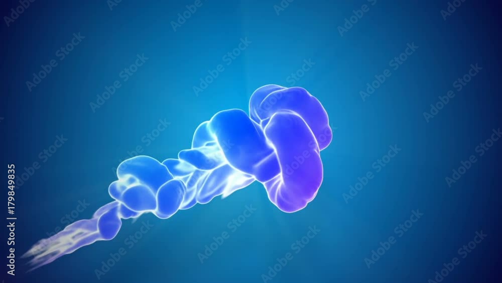 Poster 3d animation of multicolor flow of glowing ink inject in water in slow motion on blue background. co