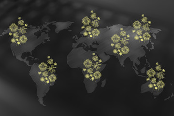 world map with fireworks exploding in different locations
