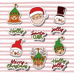 merry christmas with sticker faces of gnomes and snowman and santa claus and reindeer with background color lines