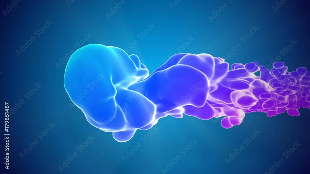 Poster 3d animation of multicolor flow of glowing ink inject in water in slow motion on blue background. co
