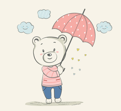 cute little bear with pink umbrella and cloud for t-shirt, print, product, brochure,patch, fabric, card, greeting  fashion,baby, kid, shower, powder,soap, hand drawn style. vector illustration