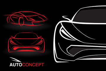 Abstract auto concept vehicle designs with model style sketch outline of a white and red futuristic sports cars on black background. Vector illustration.