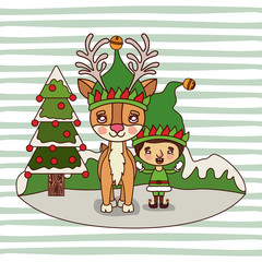 christmas card with christmas tree and reindeer and gnome boy on colorful landscape background mountains and snow falling