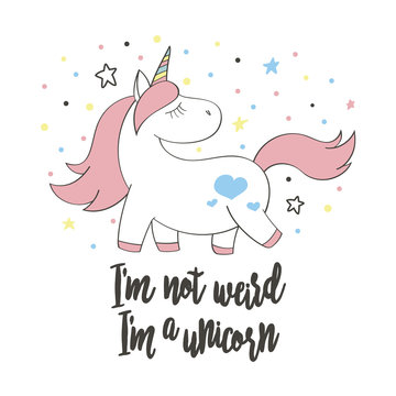 Magic cute unicorn in cartoon style. Doodle unicorn for cards, posters, t-shirt prints, textile design