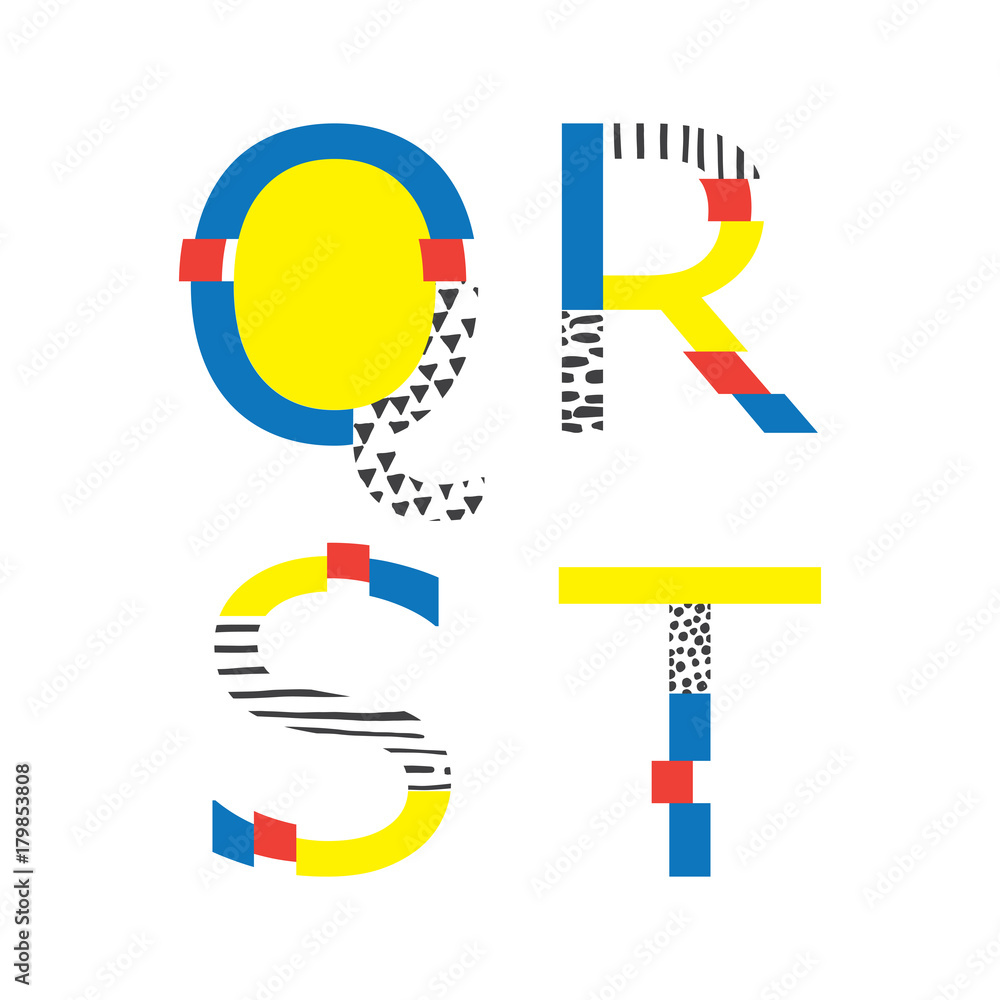 Poster vector set with abc letters q, r, s and t in geometry style with glitch and hand drawn elements. bri