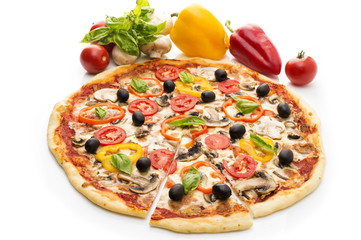 Pizza with ham, pepper and olives