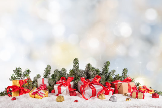 Christmas gifts on wooden background