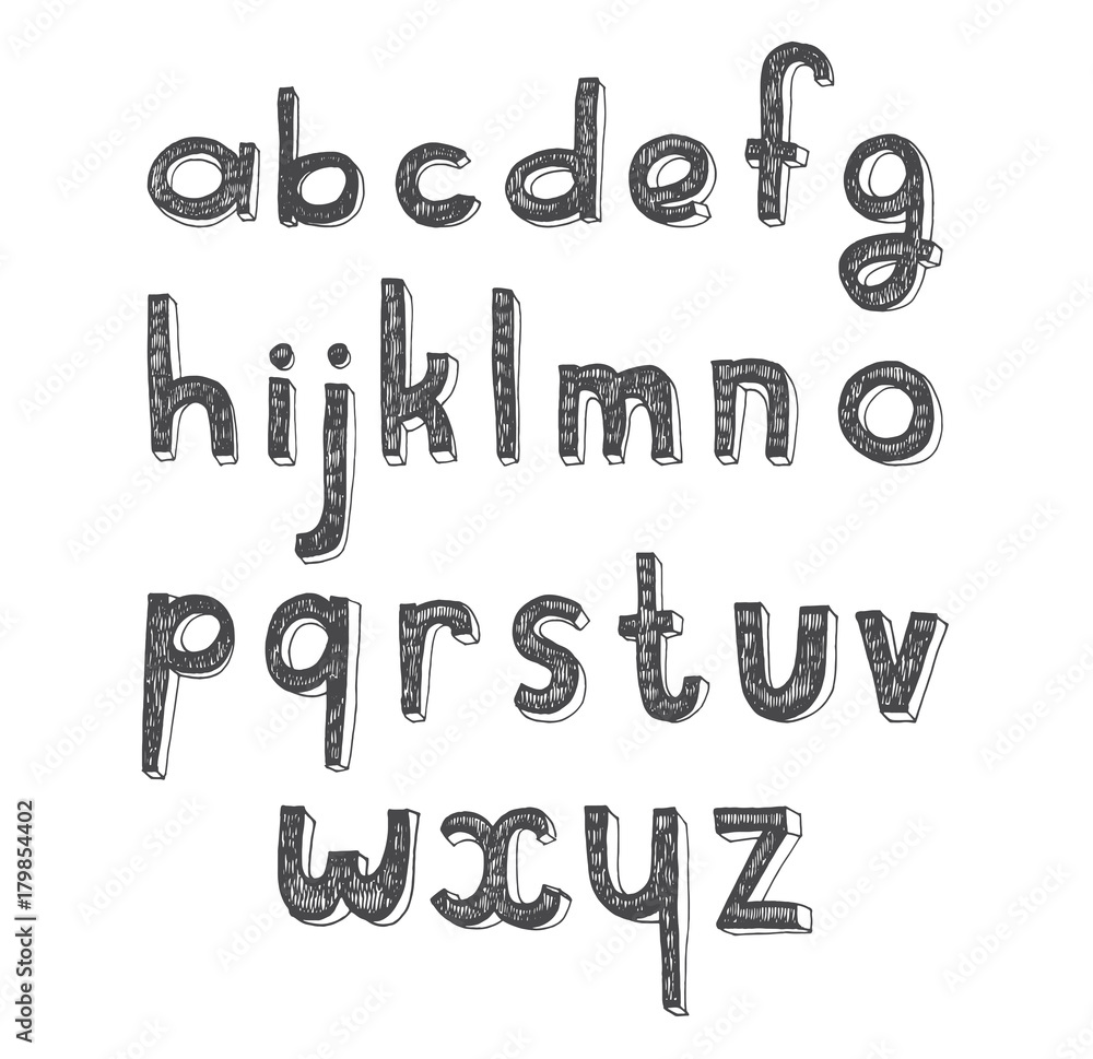 Poster vector hand drawn english font. abc letters sequence from a to z isolated on white in 3d hatch desig