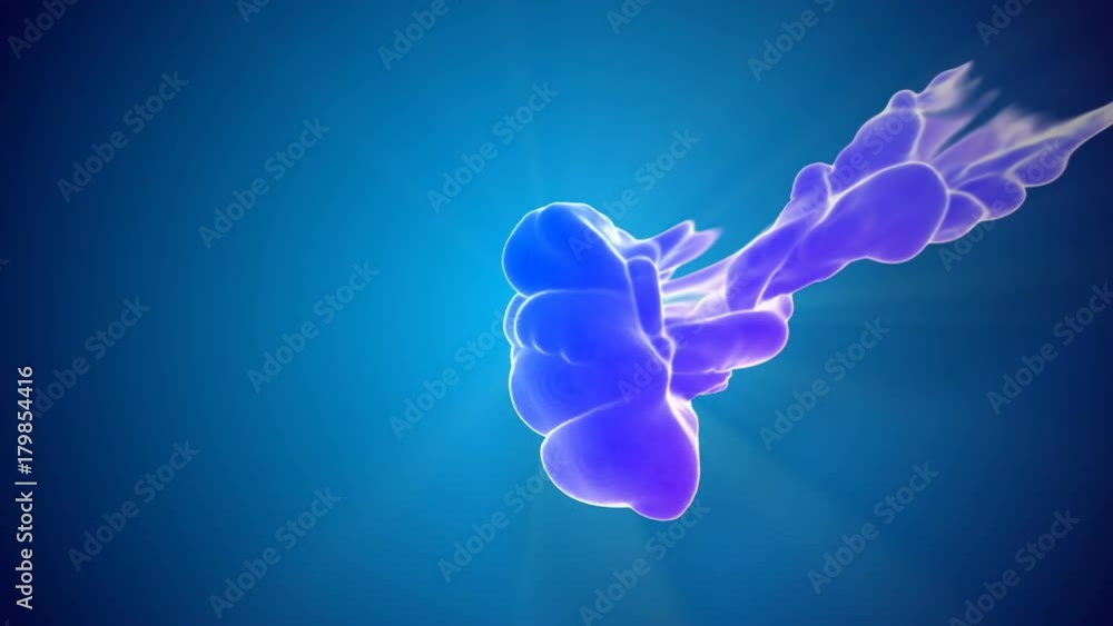 Poster 3d animation of multicolor flow of glowing ink inject in water in slow motion on blue background. co