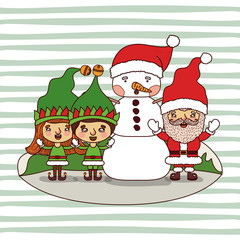 christmas card with gnome kids and snowman and santa claus on colorful landscape background mountains and lines