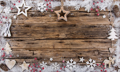 Christmas decoration on wooden background. Top view.