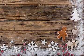 Christmas decoration on wooden background. Top view.