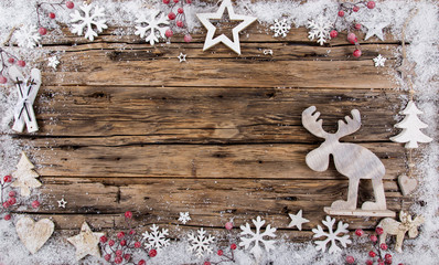 Christmas decoration on wooden background. Top view.