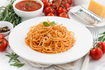 pasta with tomato sauce and ingredients