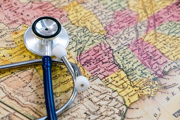 Doctor's stethoscope over USA, healthcheck. Concept doctors without borders. May be used for...