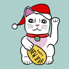 Lucky cat (maneki neko) welcome 2018 cartoon vector illustration
