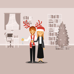 couple in formal clothes celebrating christmas with champagne glass and him beard and christmas reindeer horns and scarf and her with christmas hat on colorful scene in home