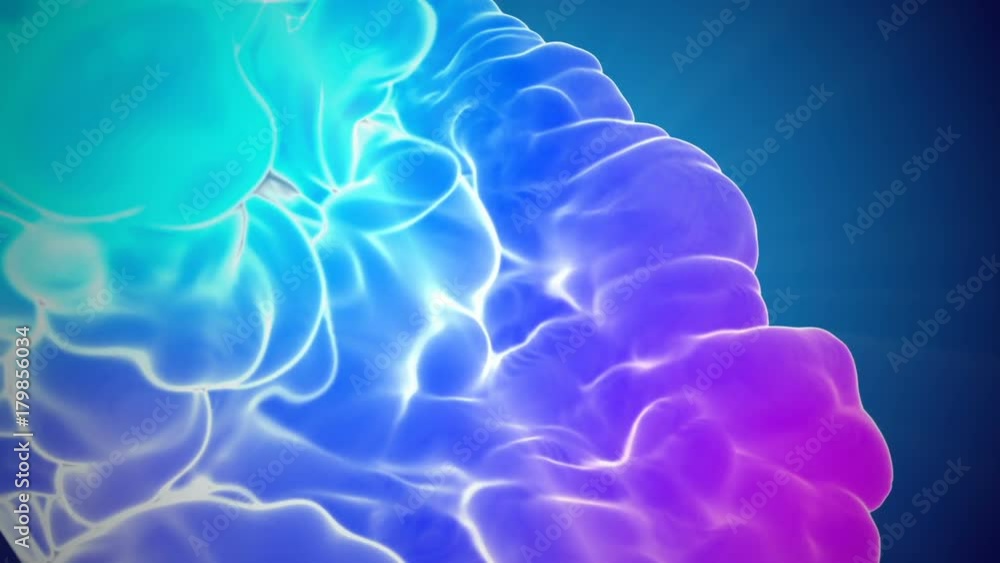 Poster 3d animation of multicolor flow of glowing ink inject in water in slow motion on blue background. co
