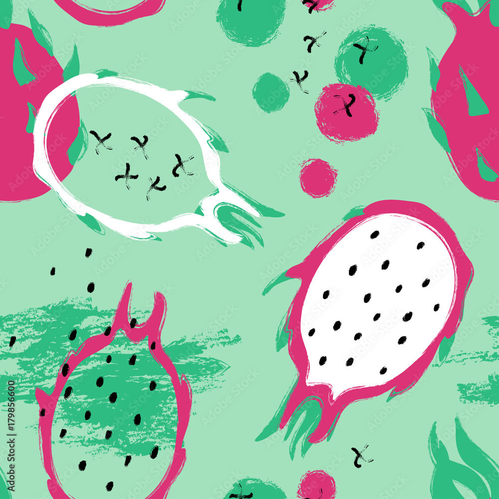 Wall mural brush grunge dragon fruit seamless pattern.