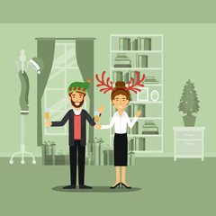 couple in formal clothes celebrating christmas with champagne glass and him with beard and green christmas hat and her with red reindeer horns on colorful scene in home