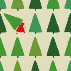 Santa Stealing Christmas Tree Seamless Pattern.