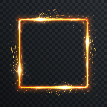 Realistic square light fire flame frame with firework sparkles, vector template illustration on transparent background.