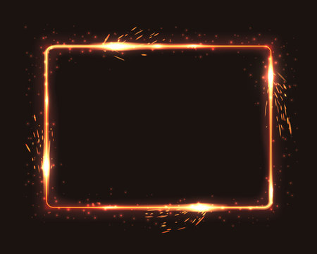 Realistic square light fire flame frame with firework sparkles, vector template illustration on black background.