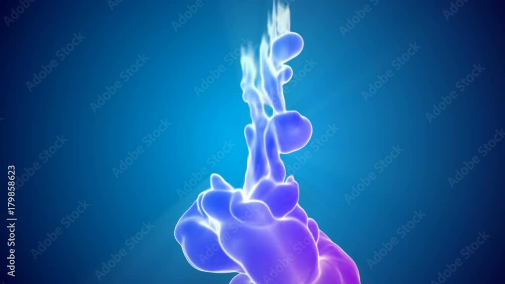 Poster 3d animation of multicolor flow of glowing ink inject in water in slow motion on blue background. co