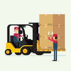 Forklift truck with human worker and Boxes, Courier Delivering Packages. illustration vector