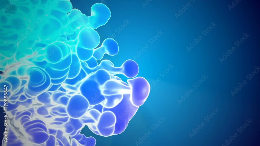 Poster 3d animation of multicolor flow of glowing ink inject in water in slow motion on blue background. co