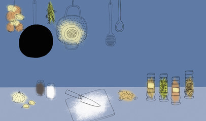 Spices and kitchen utensils