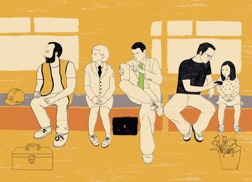 People sitting on bench waiting and using mobile devices