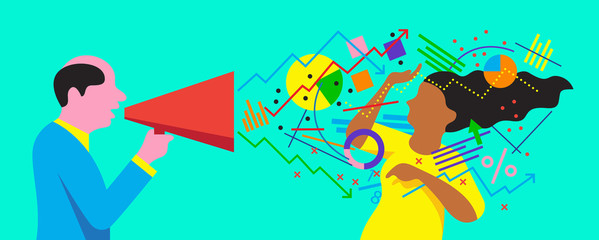 Businessman communicating financial data to woman via megaphone