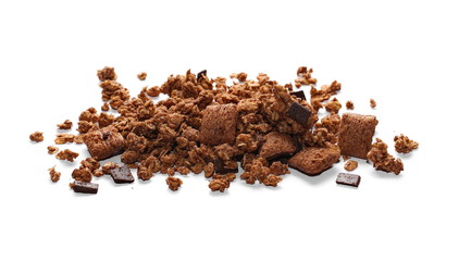 Crunchy granola, muesli pile with chocolate isolated on white background