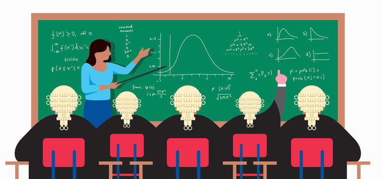 Teacher at blackboard explaining formulas to lawyers