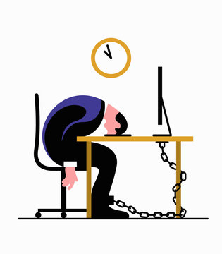 Exhausted businessman chained to desk sleeping