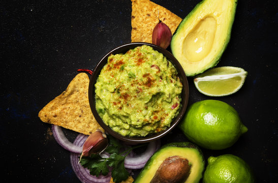 Guacamole Sauce With Avocado, Chili and Onion, Food Background, Top View