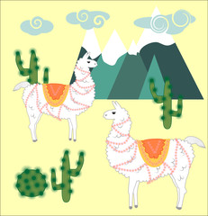 Two Llama, alpaca of white color, with bright saddles on the background of mountains, cacti, clouds