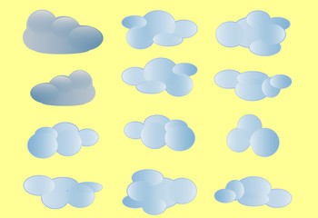 Cartoon clouds set on blue sky background. Collection icons. Vector art illustration.