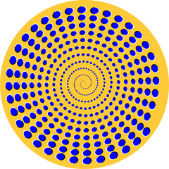 Spiral optical illusion with blue circles moving clockwise