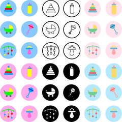 Baby icon set in pastel colors, bold colors & black and white