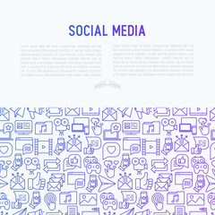Fototapeta na wymiar Social media concept with thin line icons: of thumbs up, share, link, send e-mail, music, stream, comments. Vector illustration for banner, web page, print media.