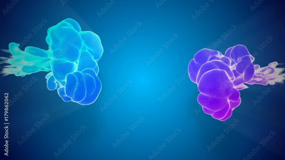 Poster 3d animation of multicolor flow of glowing ink inject in water in slow motion on blue background. co