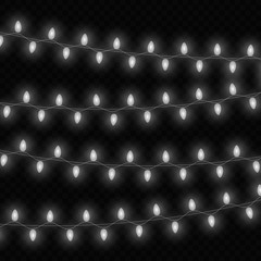 Christmas lights isolated realistic design elements. Glowing lights for Xmas Holiday greeting card design. Garlands. 