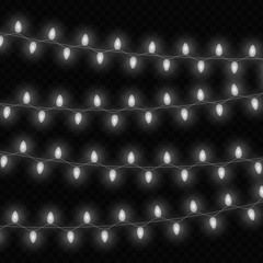 Christmas lights isolated realistic design elements. Glowing lights for Xmas Holiday greeting card design. Garlands. 