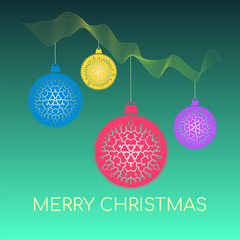 Merry Christmas or New Year illustration with colorful shiny balls on green background, decorated with snowflakes. Bright Christmas baubles for winter holidays banners, greeting cards, web design