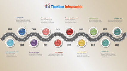 Business road map timeline infographic with 10 steps circle design for background elements diagram process technology web pages workflow digital marketing data presentation chart. Vector illustration