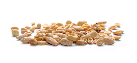 Mix of roasted and salted peanuts, cashew nuts, almonds and walnuts isolated on white background
