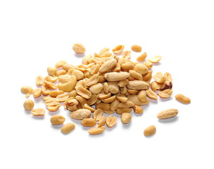 Mix of roasted and salted peanuts, cashew nuts, almonds and walnuts isolated on white background
